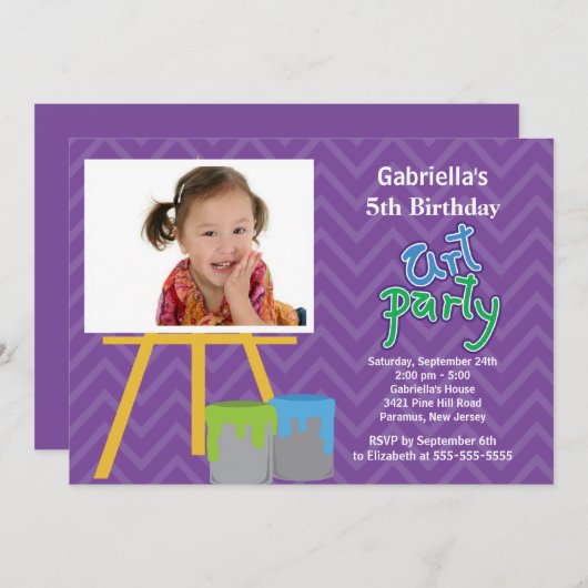 芸術及び技術の子供のペンキの写真の誕生会 招待状 (正面/裏面)