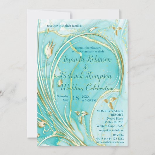 芸術品を気取ったターコイズ金ゴールド抽象芸術花招待状 招待状 (正面)