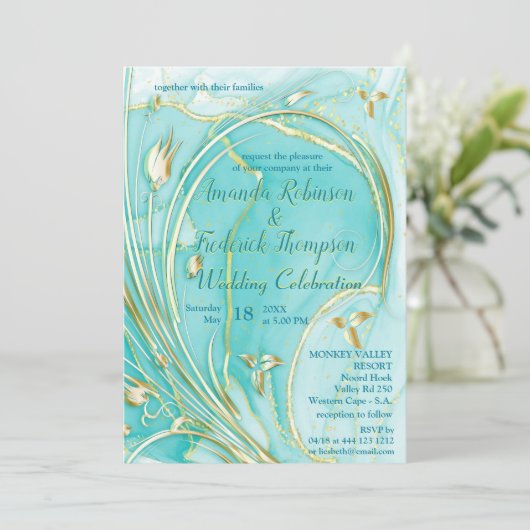 芸術品を気取ったターコイズ金ゴールド抽象芸術花招待状 招待状 (スタンド正面)