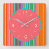 芸術品を気取った縁どストライプのCandy + Pink Center Clock スクエア壁時計 (正面)