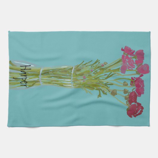 芸術品を気取った花カラフル+名前をカスタムする キッチンタオル (横)