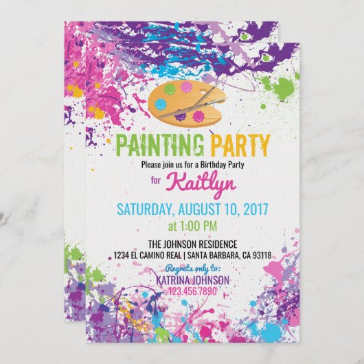 芸術家のパレットのペンキは誕生日をはねかけます 招待状 (正面/裏面)
