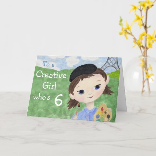 芸術家の女の子の第6バースデー・カード カード (黄色い花)