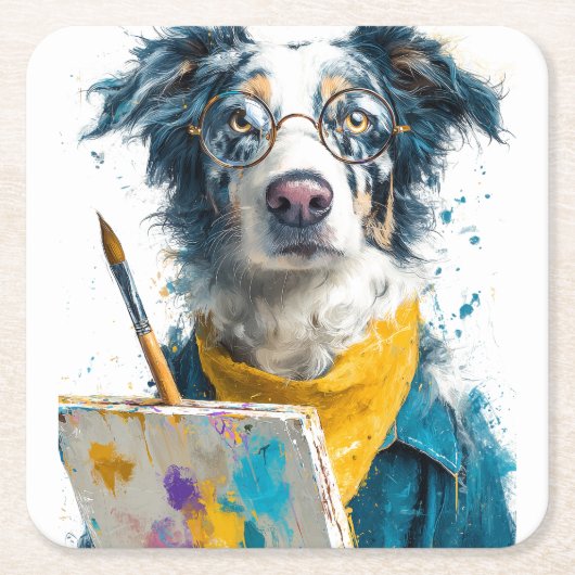 芸術家犬の肖像画 スクエアペーパーコースター (正面)