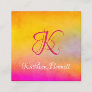芸術的で黄色い及びピンクの水彩画の洗浄背景 スクエア名刺