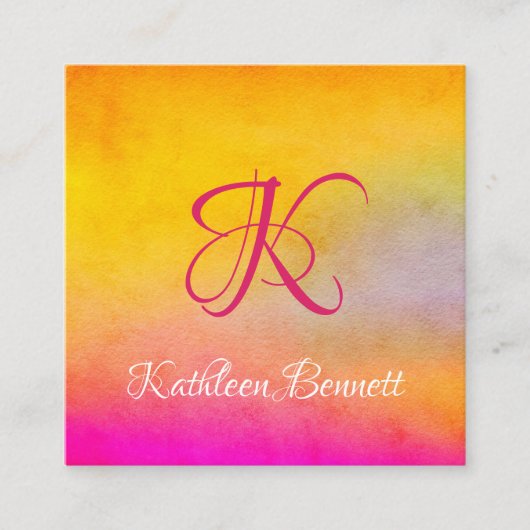 芸術的で黄色い及びピンクの水彩画の洗浄背景 スクエア名刺 (正面)