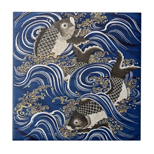 芸術的なエレガンス – 日本のヴィンテージ鯉の波 タイル (正面)