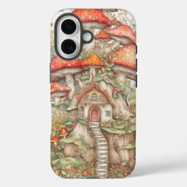 芸術的なクリエイティブなキノコの住処のイラスト iPhone 16ケース