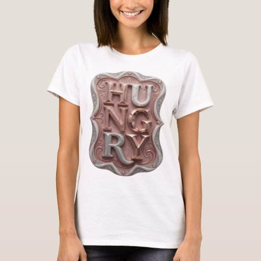 芸術的なシルバーHUNGRYスローガンデザイン Tシャツ (正面)