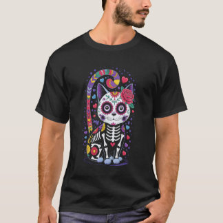 芸術的なスケルトンCAT死者の日先祖崇拝 Tシャツ