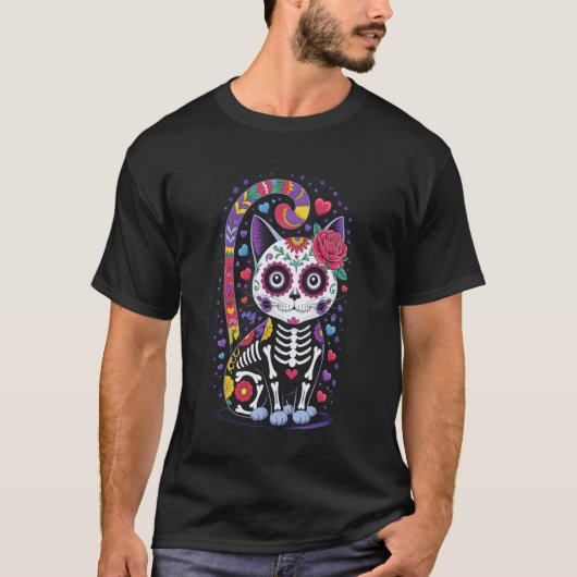 芸術的なスケルトンCAT死者の日先祖崇拝 Tシャツ (正面)