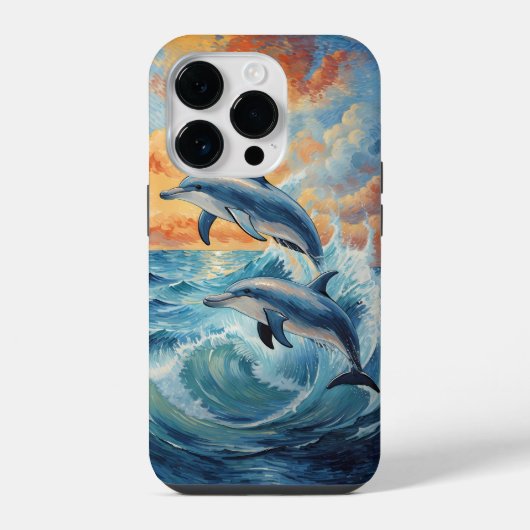 芸術的な二匹のイルカのジャンプ 夕日 海洋 iPhoneケース (裏面)