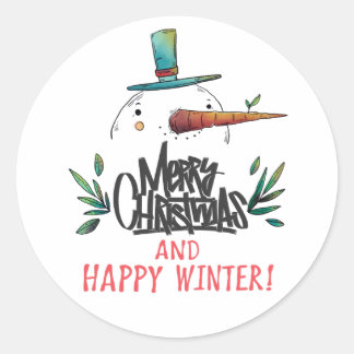芸術的な手描きの雪だるま メリークリスマス ハッピーワ ラウンドシール