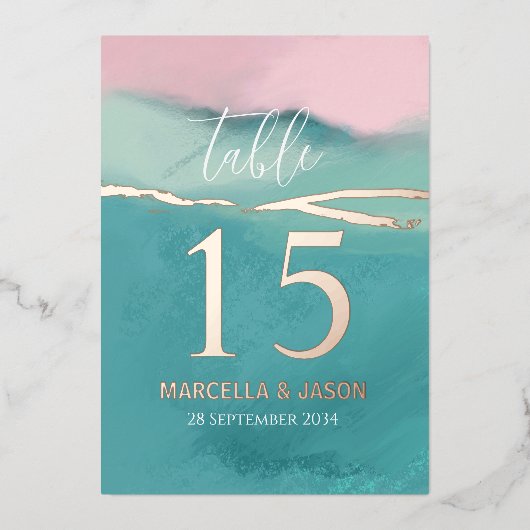 芸術的な抽象的な風景の結婚式テーブル番号 箔招待状 (正面)