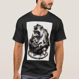 芸術的な母と赤ちゃんのサル 墨絵イラスト Tシャツ