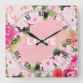 芸術的な水彩画のピンクのバラの庭園ラブスクリプト スクエア壁時計 (正面)