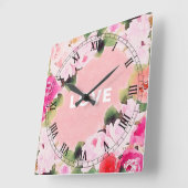 芸術的な水彩画のピンクのバラの庭園ラブスクリプト スクエア壁時計 (傾斜)
