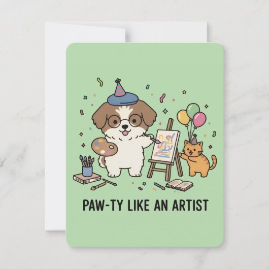 芸術的な犬と猫のお祭り　グリーン　招待状 招待状 (正面)