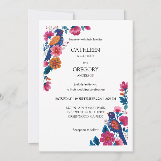 芸術的な色彩豊かなフォークアートの鳥と花のウェディング 招待状 (正面)