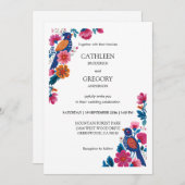 芸術的な色彩豊かなフォークアートの鳥と花のウェディング 招待状 (正面/裏面)