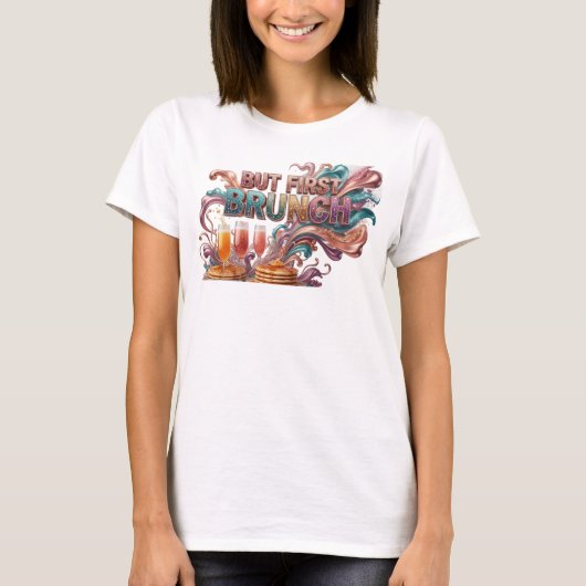芸術的な赤い「BUT FIRST BRUNCH」ステートメントTシャツ Tシャツ (正面)