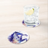 芸術的な馬の水彩飛沫絵 青 ラウンドペーパーコースター (インサイチュ)