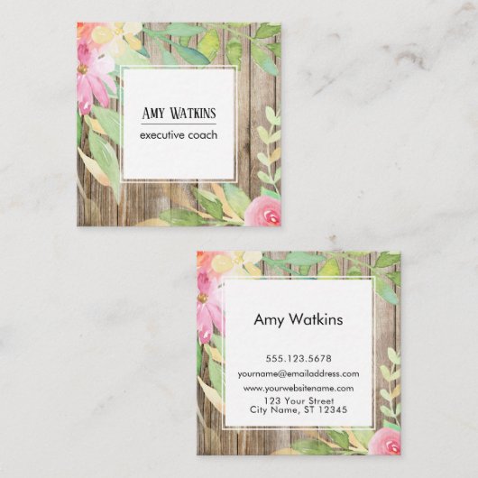 芸術的ぼほ水彩花茶色素朴木材 スクエア名刺 (正面/裏面)