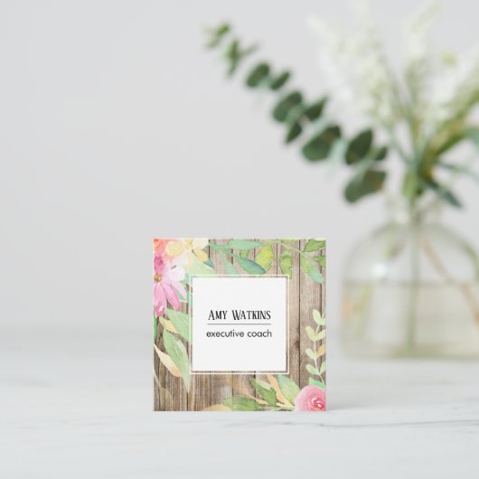 芸術的ぼほ水彩花茶色素朴木材 スクエア名刺 (スタンド正面)