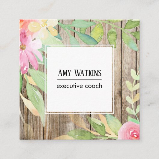 芸術的ぼほ水彩花茶色素朴木材 スクエア名刺 (正面)