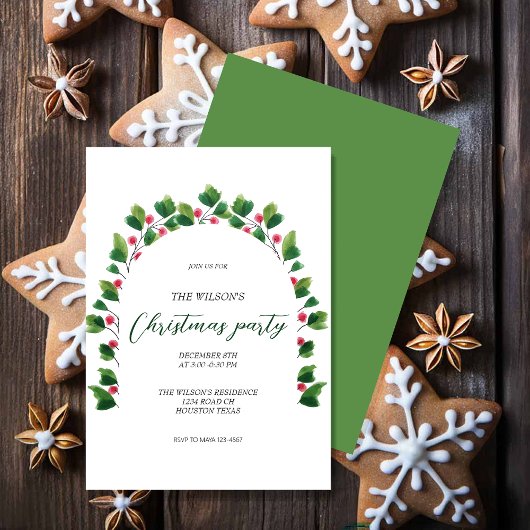 芸術的クリスマスグリーン赤リース水色 招待状