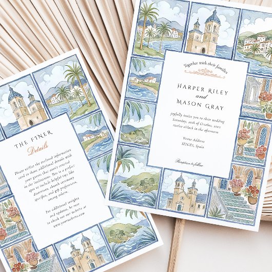 芸術的スペインのタイル水色の結婚切り替え 招待状