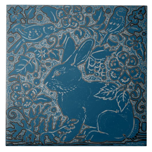 芸術的ティール(緑がかった色)うさぎ鳥の動物のフローラの葉 タイル (正面)