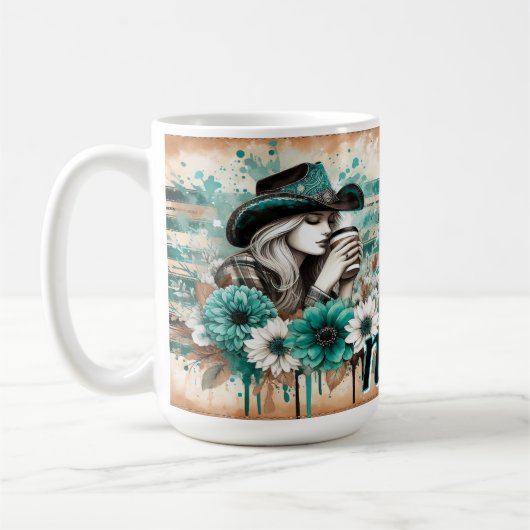 芸術的フローラデザインと女性のカーボーイ コーヒーマグカップ (左)
