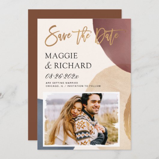 芸術的モダン抽象芸術シェイプ金ゴールドブラシ写真 セーブザデート (正面/裏面)