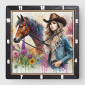 芸術的女性のカーボーイとフローラ付き鮮やか馬 スクエア壁時計 (正面)