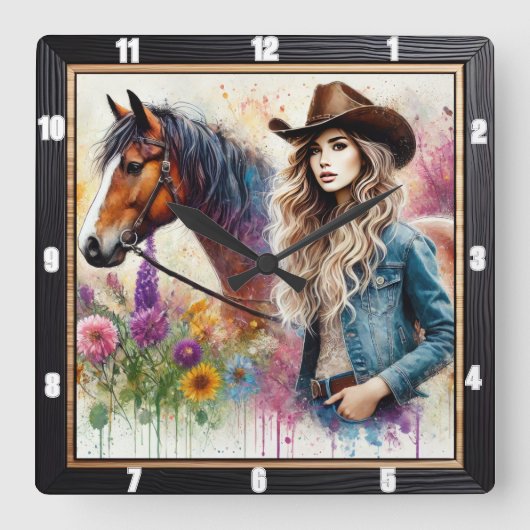 芸術的女性のカーボーイとフローラ付き鮮やか馬 スクエア壁時計 (正面)