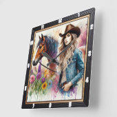 芸術的女性のカーボーイとフローラ付き鮮やか馬 スクエア壁時計 (傾斜)
