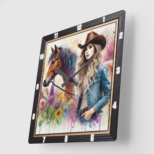 芸術的女性のカーボーイとフローラ付き鮮やか馬 スクエア壁時計 (傾斜)