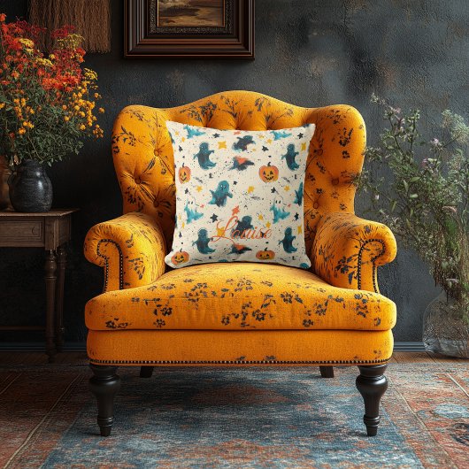 芸術的幽霊とカボチャ付きハロウィーン枕 クッション