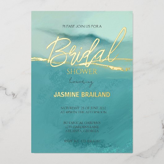 芸術的抽象芸術横ブライダルシャワー金ゴールド 箔招待状 (正面)