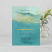 芸術的抽象芸術横ブライダルシャワー金ゴールド 箔招待状 (立ち正面)