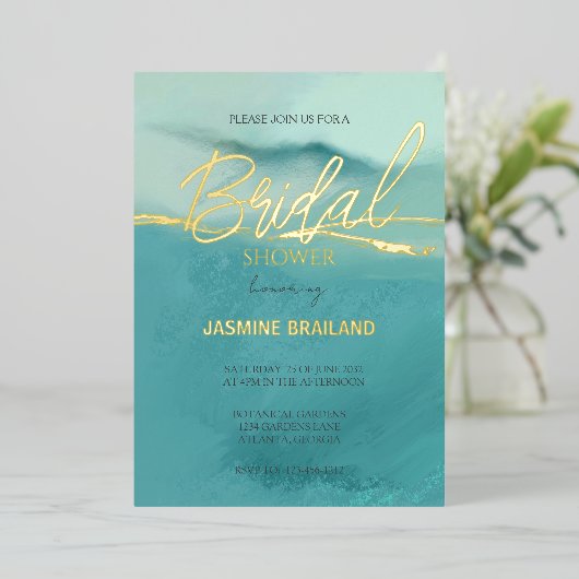 芸術的抽象芸術横ブライダルシャワー金ゴールド 箔招待状 (立ち正面)