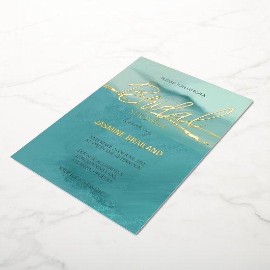 芸術的抽象芸術横ブライダルシャワー金ゴールド 箔招待状 (回転した状態)