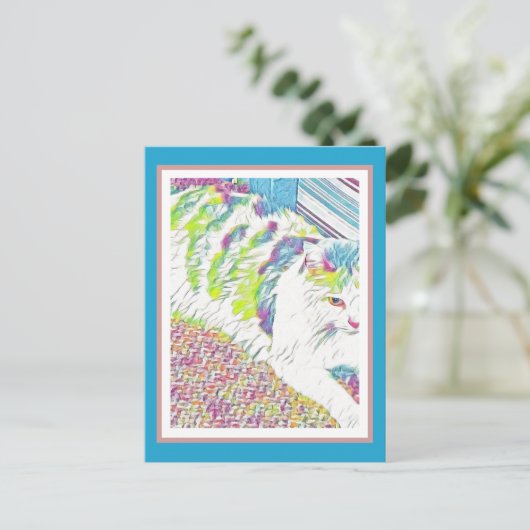 芸術的白猫イラストレーション ポストカード (スタンド正面)