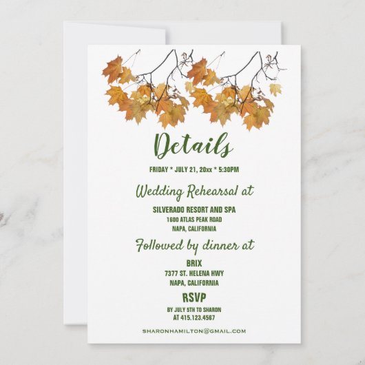 芸術的紅葉のリハ結婚ーサルディナー 招待状 (裏面)