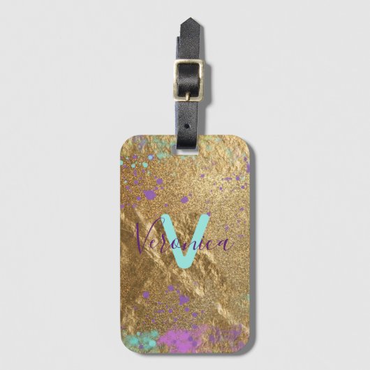 芸術的金ゴールド金属箔グリッター絵を描（ばちゃばちゃ）跳ねる ラゲッジタグ (正面縦)