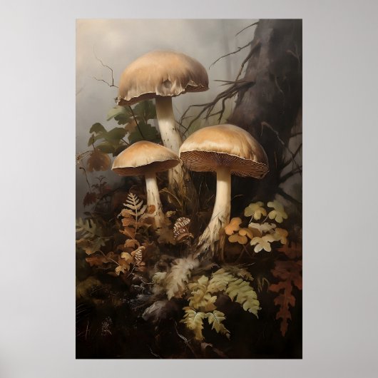 苔とシダの中のキノコ、森のキノコの落ちる ポスター (正面)