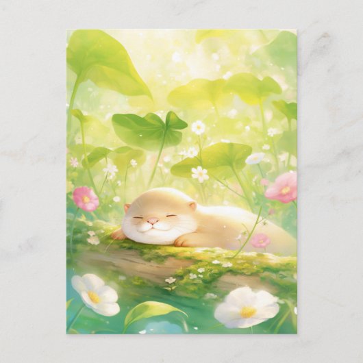 苔むした夏の丸太の上で眠るカワウソ ポストカード (正面)
