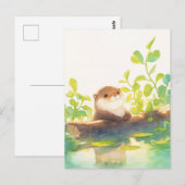 苔むした川の丸太に佇むかわいいカワウソ ポストカード (正面/裏面)