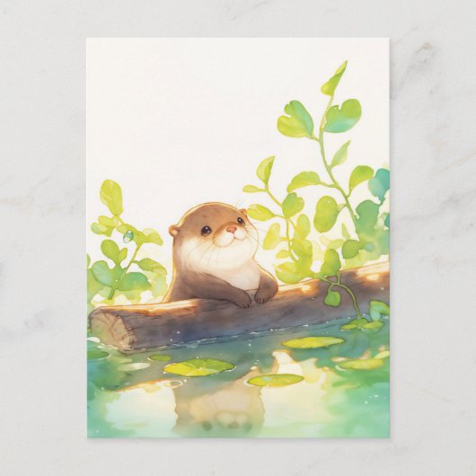 苔むした川の丸太に佇むかわいいカワウソ ポストカード (正面)